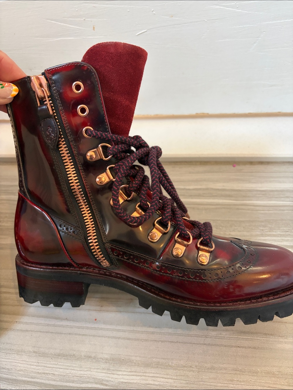 Office of Angela Scott Burgundy Lace-Up Women's Brogue Boots - Picture 9 of 10